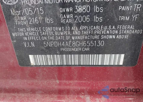 2016 Hyundai Elantra Se/Sport/Limited из США, поврежденный, VIN 5NPDH4AE8GH655130